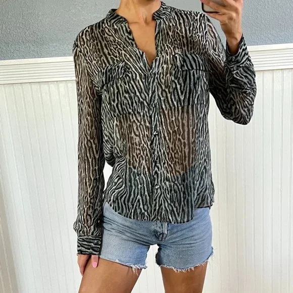 BCBGMaxAzria Sheer Anderson Blouse Cheetah Animal Print Button Up Top S Mob Wife - Picture 2 of 6